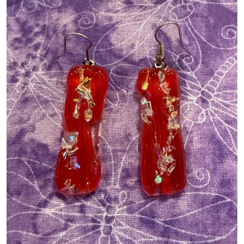 Womens Handmade Drop Earrings Red Art Glass Iridescent Flakes Dangle Artsy Chic